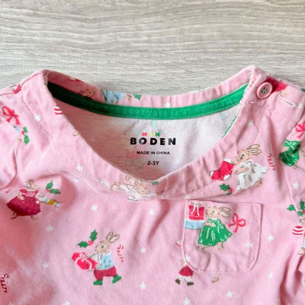 Mini Boden Girls Pink Christmas Bunny Long Sleeve Jersey Dress 2-3Y Holiday